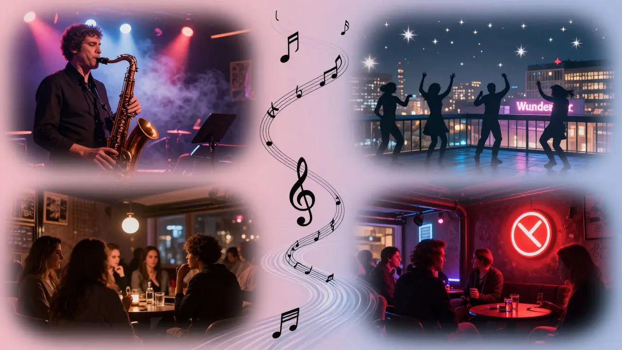 Three nightlife scenes fused together: jazz, rooftop dance, and underground rave.