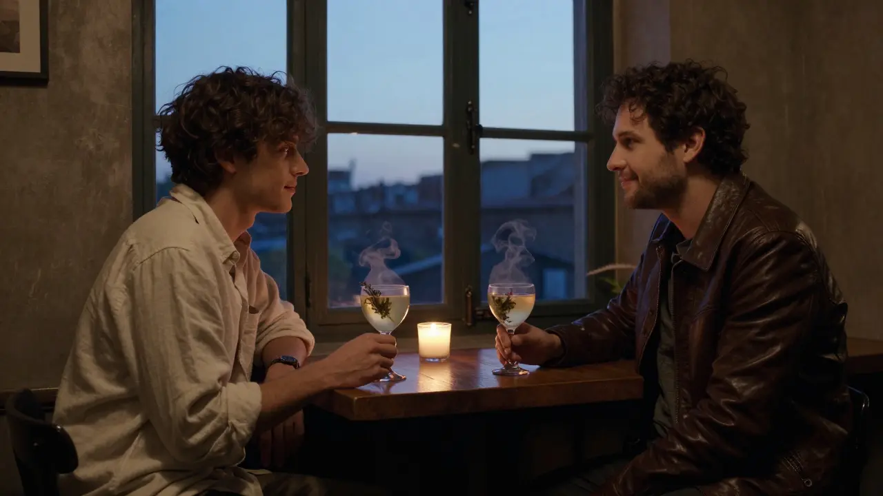 Two people talking quietly in a dim loft bar at dawn, no music, only candlelight.