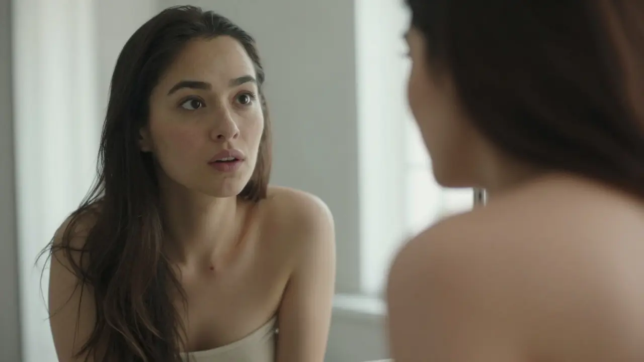 Woman smiling at mirror with stretch marks in natural light