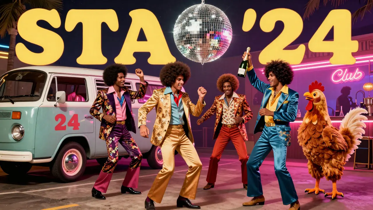 A 1970s-style disco party with men dancing in retro outfits under a glitter ball, outside a neon-lit club.