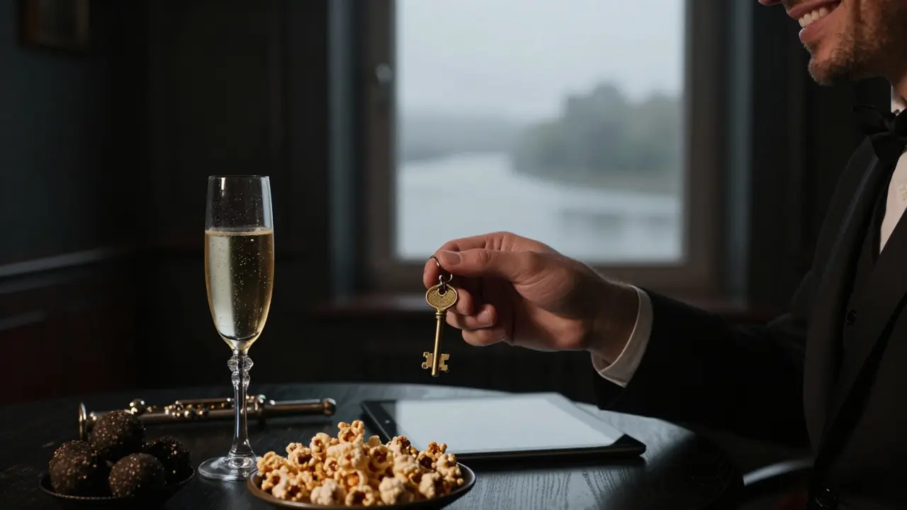 A custom key fob and champagne flute on a table, with a glowing tablet in a dim, luxurious setting.