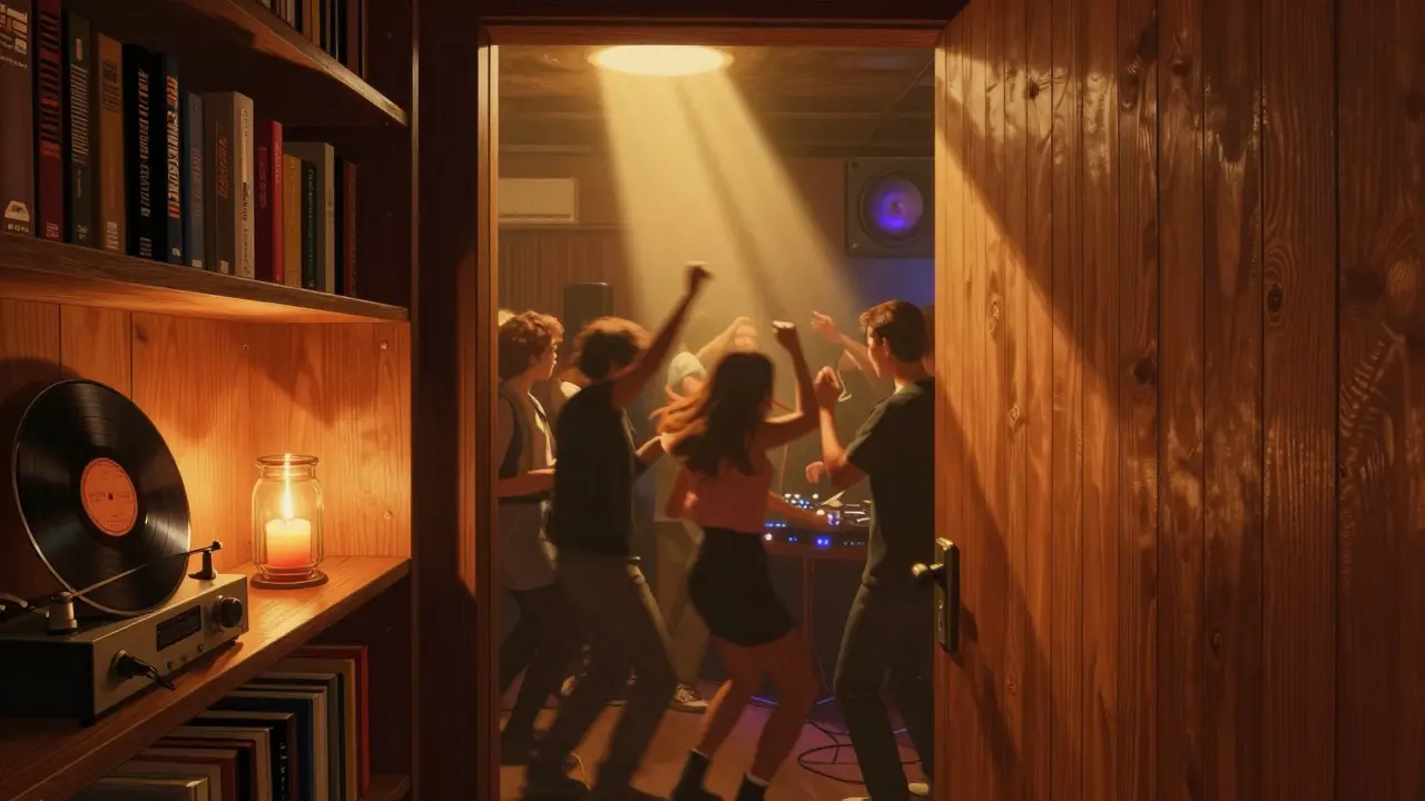 A hidden room behind a bookshelf where people dance to underground music
