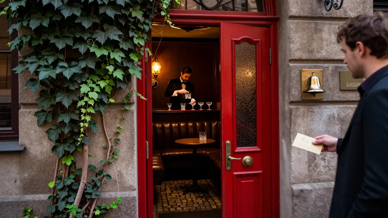 A hidden speakeasy entrance with a red door and brass bell in a dim Munich alley.