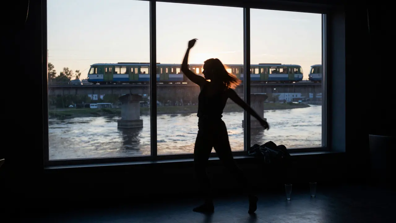 A lone silhouette dances by a window as sunlight rises over the Isar River, a U-Bahn train passing outside.