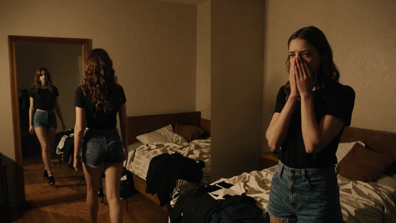 A model practices her walk in front of a mirror at night, contrasting her past nervous self in an audition.