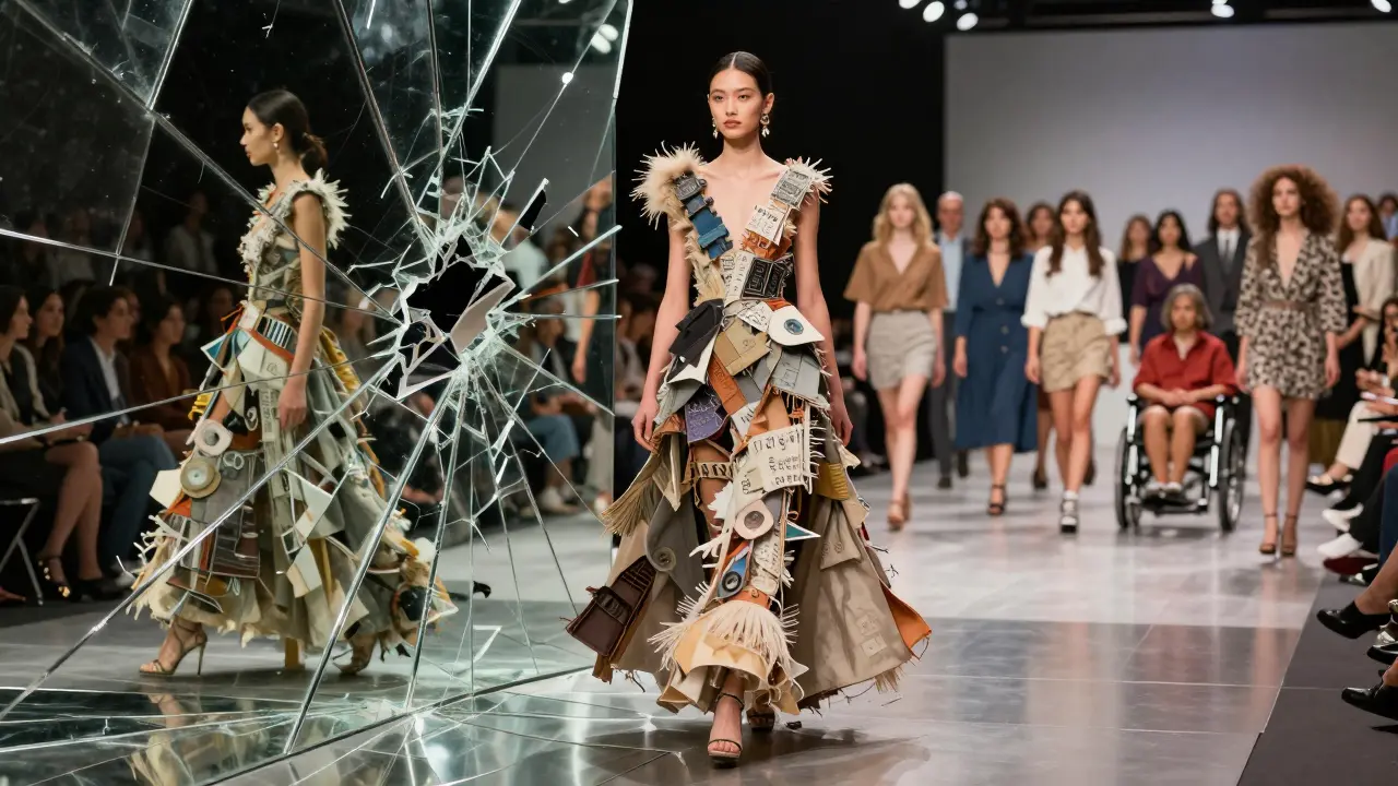 A supermodel walking through a mirror reflecting her multiple roles as designer, activist, and educator.