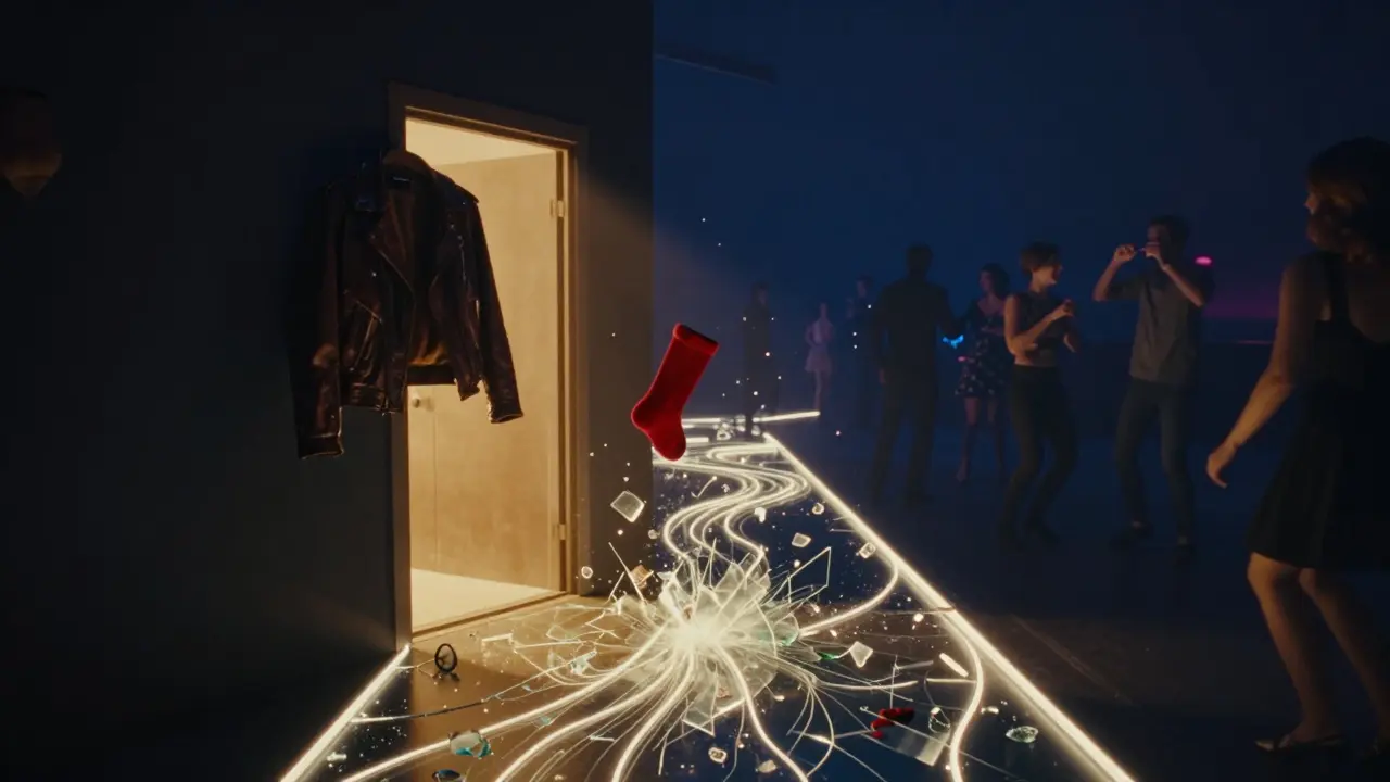 A surreal memory of a night out: floating laughter, a leather jacket, and a red sock glow in a dreamlike haze.