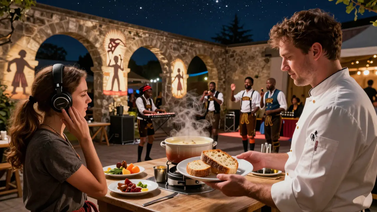 A woman receives a dish at Isarlicht's sound kitchen, where music inspires her meal.