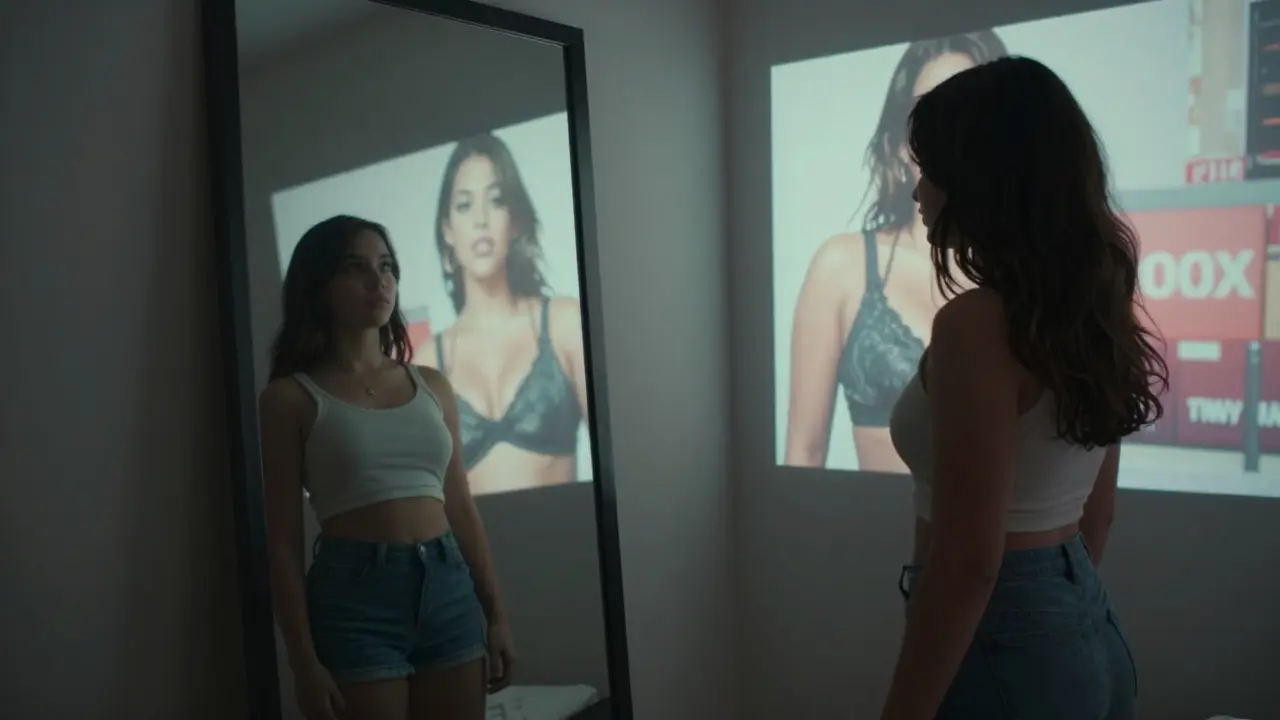 A young girl gazing at a curvy model's billboard image reflected in her bedroom mirror.