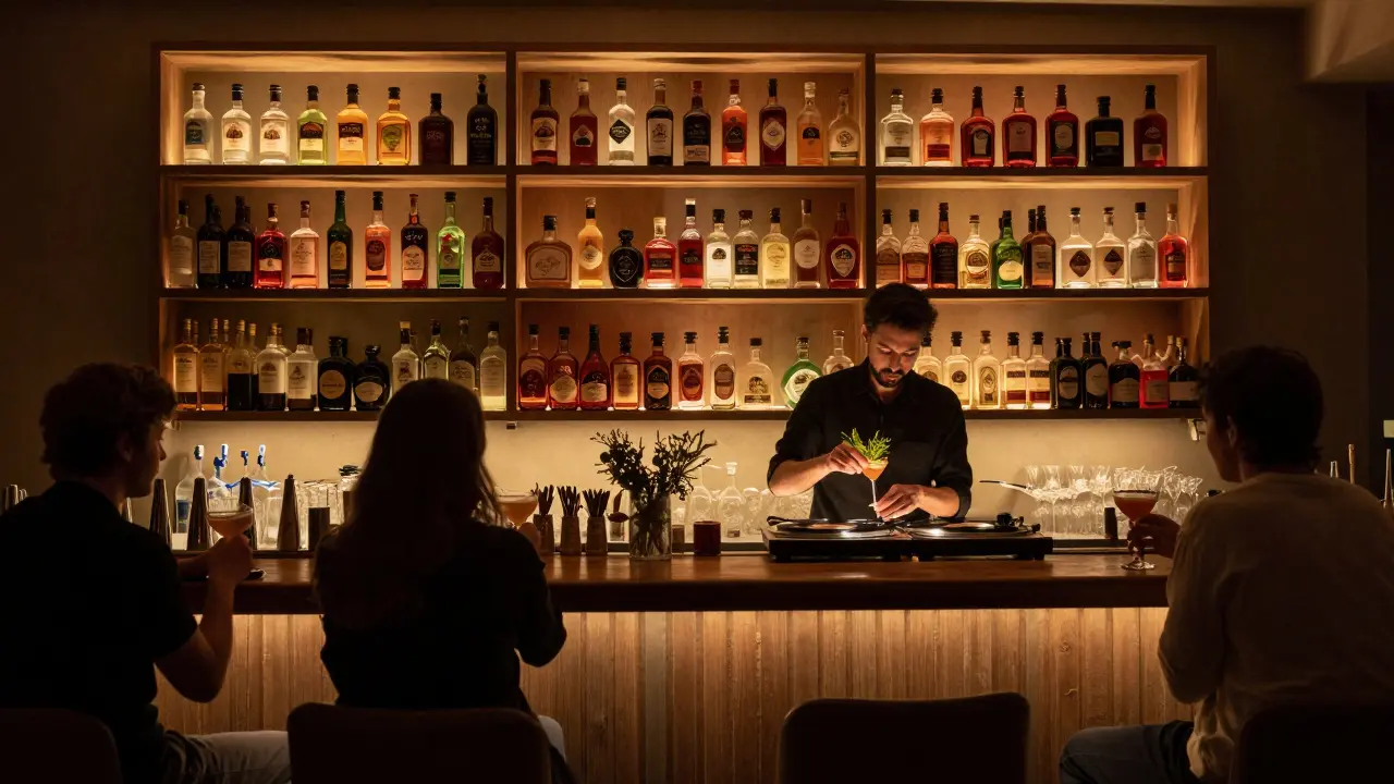 Cozy bar with gin bottles and bartender crafting cocktails in soft amber light.