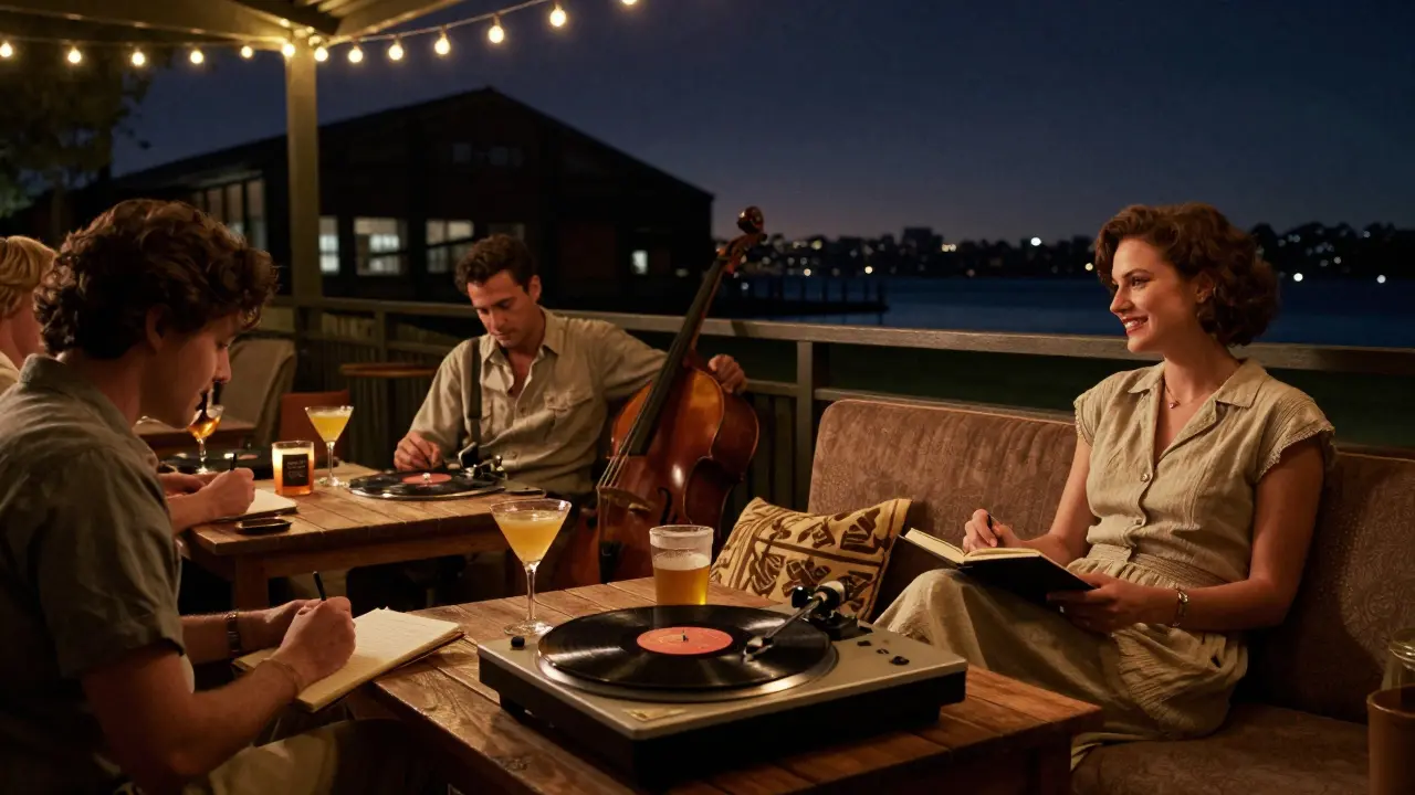 Cozy nighttime scene at The Grounds of Alexandria with fairy lights, vinyl records, and patrons enjoying cocktails on couches.
