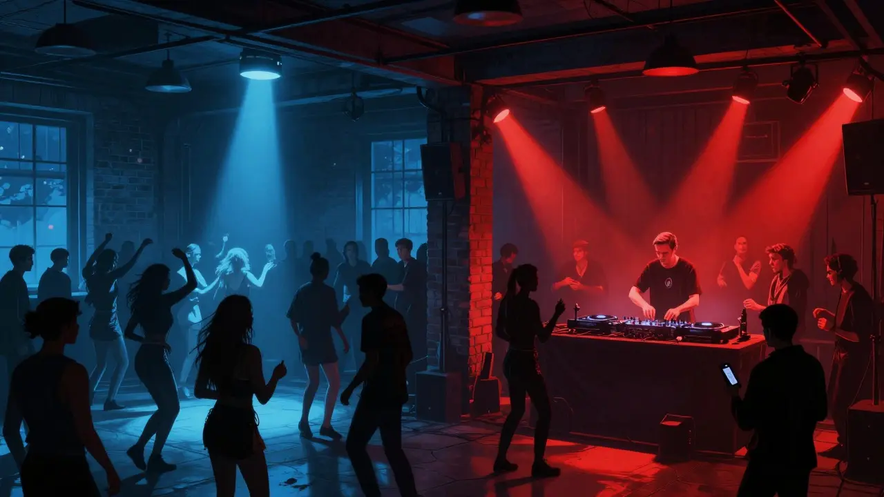 Dancers immersed in techno music with a DJ performing in the center of the floor.
