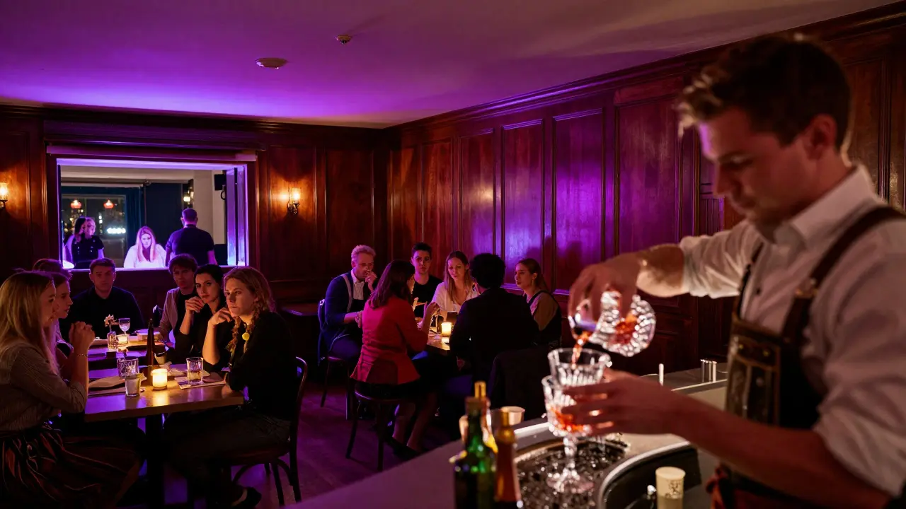 Dimly lit wooden bar interior with purple lighting and a bartender pouring a drink.