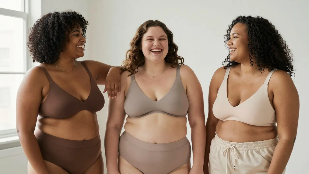 Diverse curvy models laughing together in a studio, wearing real-size lingerie with natural skin and body contours visible.