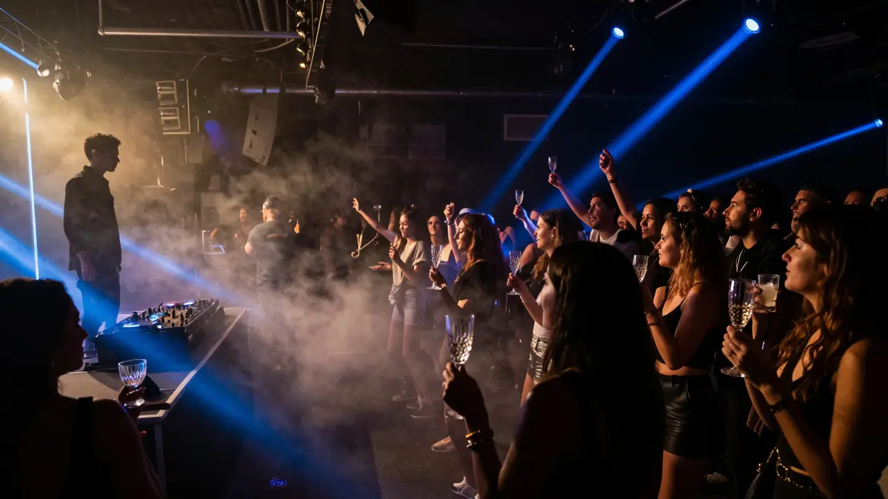 DJ performing at fashion party with crowd