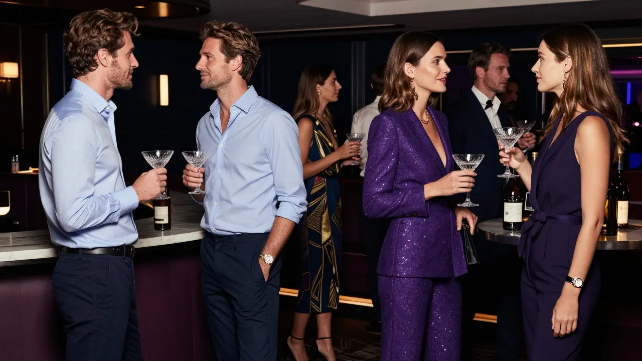 Dressed patrons socializing near VIP tables holding cocktail glasses