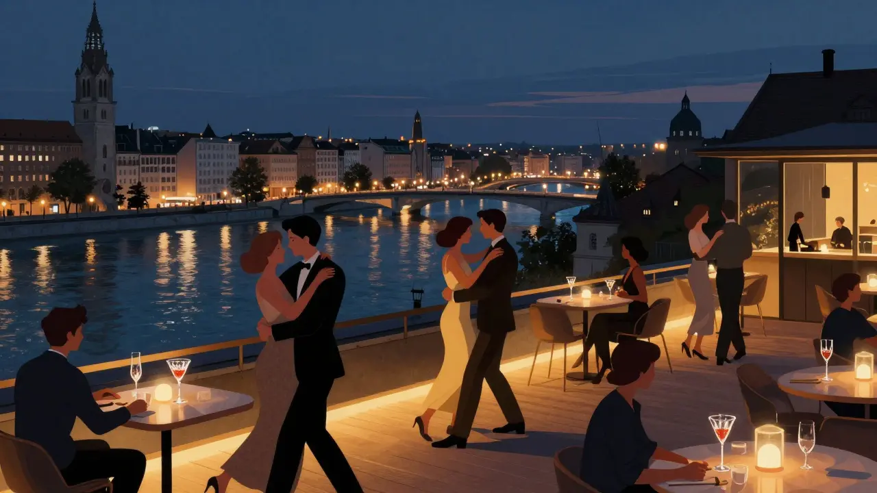 Elegant patrons dancing on a rooftop lounge in Munich with city lights and river reflections glowing in the night.