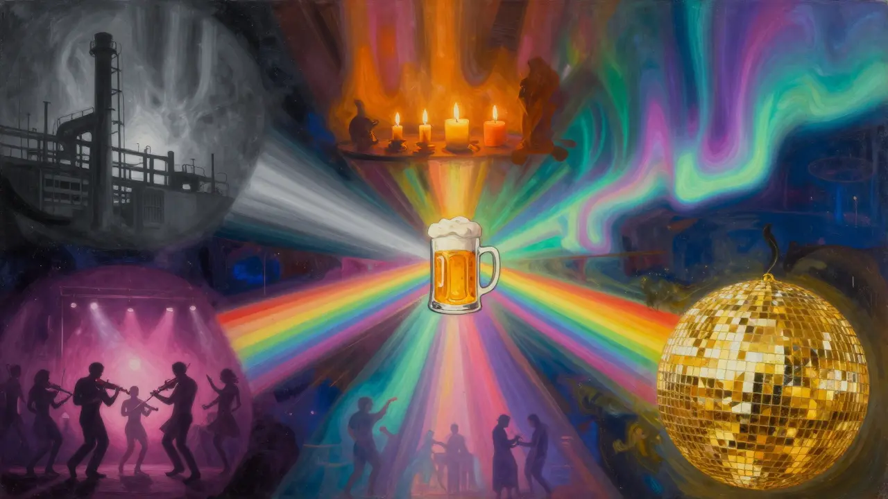 Five colorful auroras representing Munich’s distinct club scenes merging into one unified night.