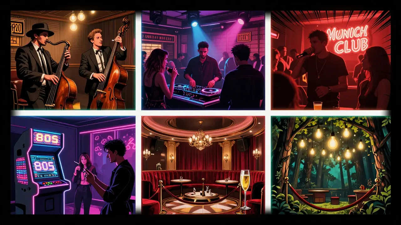 Five distinct Munich club scenes in comic book style: speakeasy, techno rave, arcade, luxury venue, and light forest.