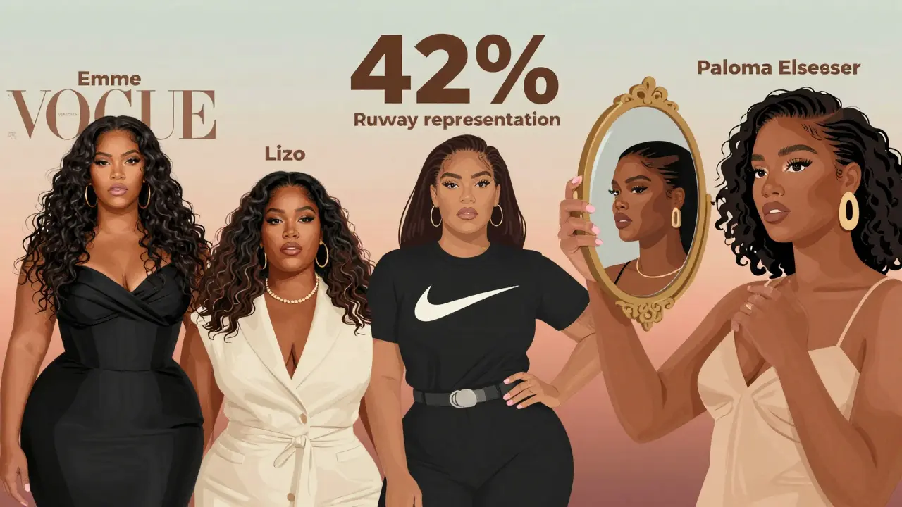 Five influential curvy models depicted in iconic fashion moments with rising representation stats.
