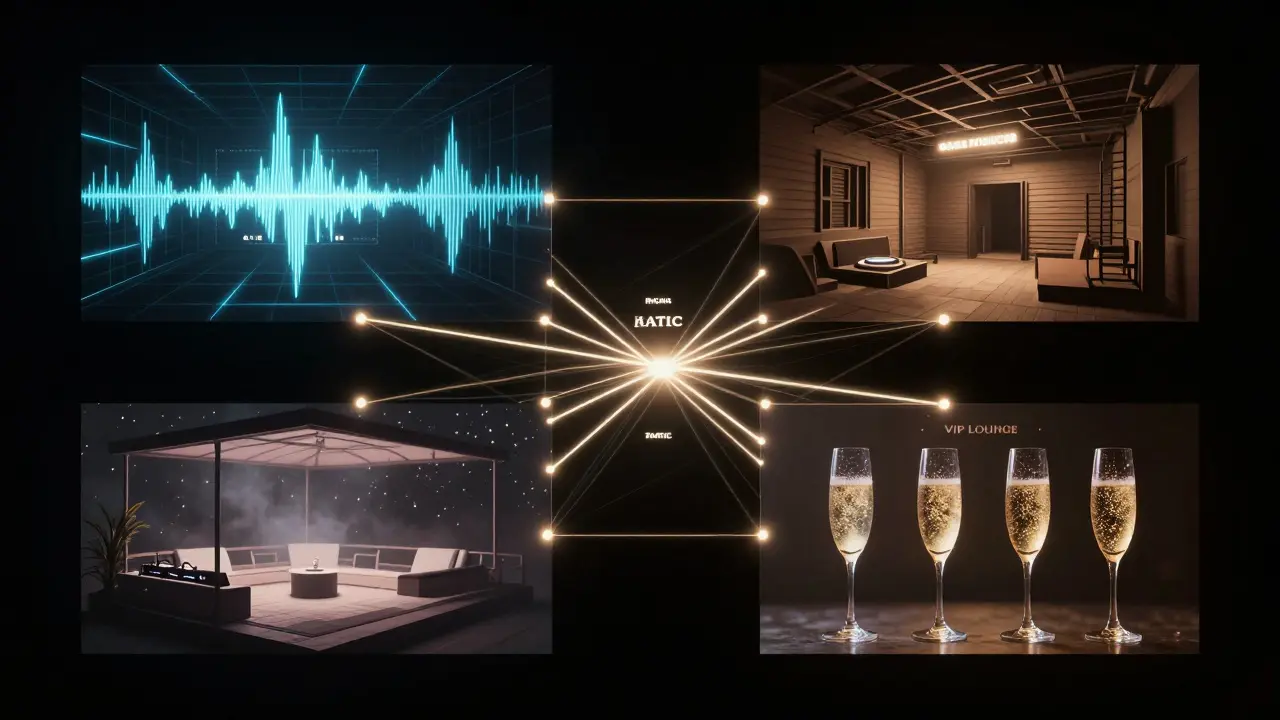 Four interconnected zones of Pacha Munich represented as floating illuminated panels in darkness.