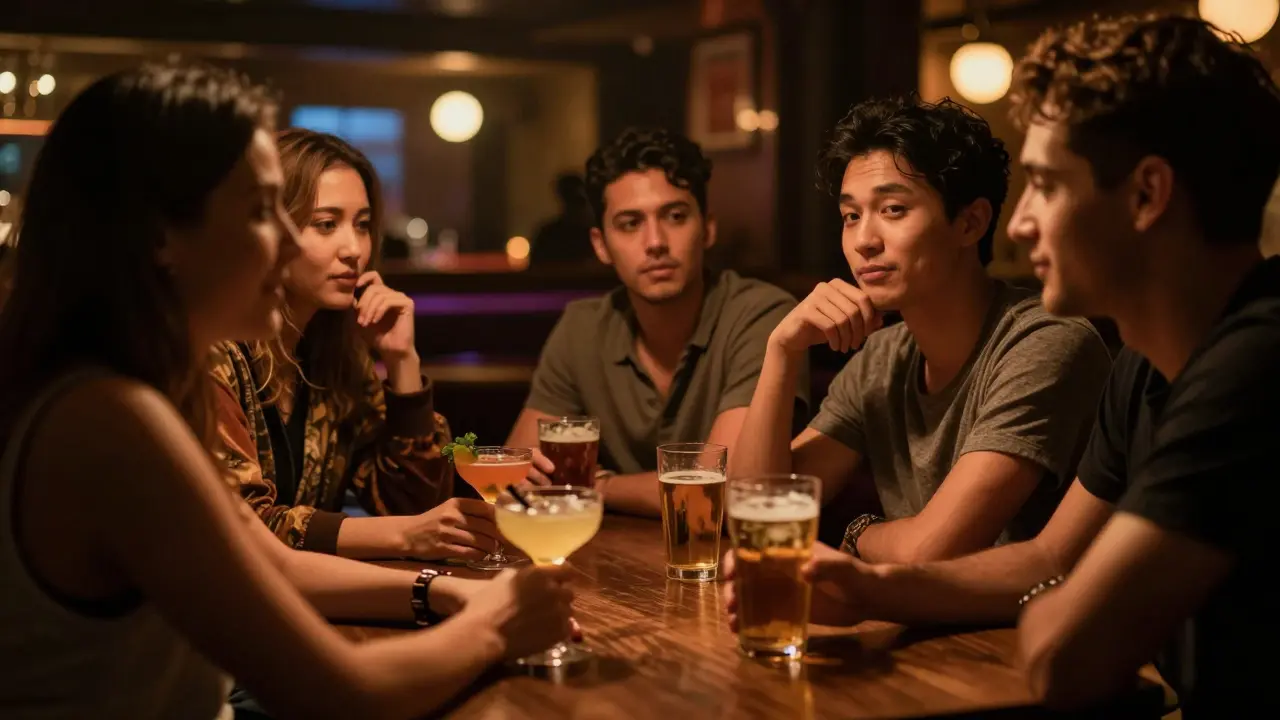 Friends chatting over drinks at a bar inside a dimly lit club.