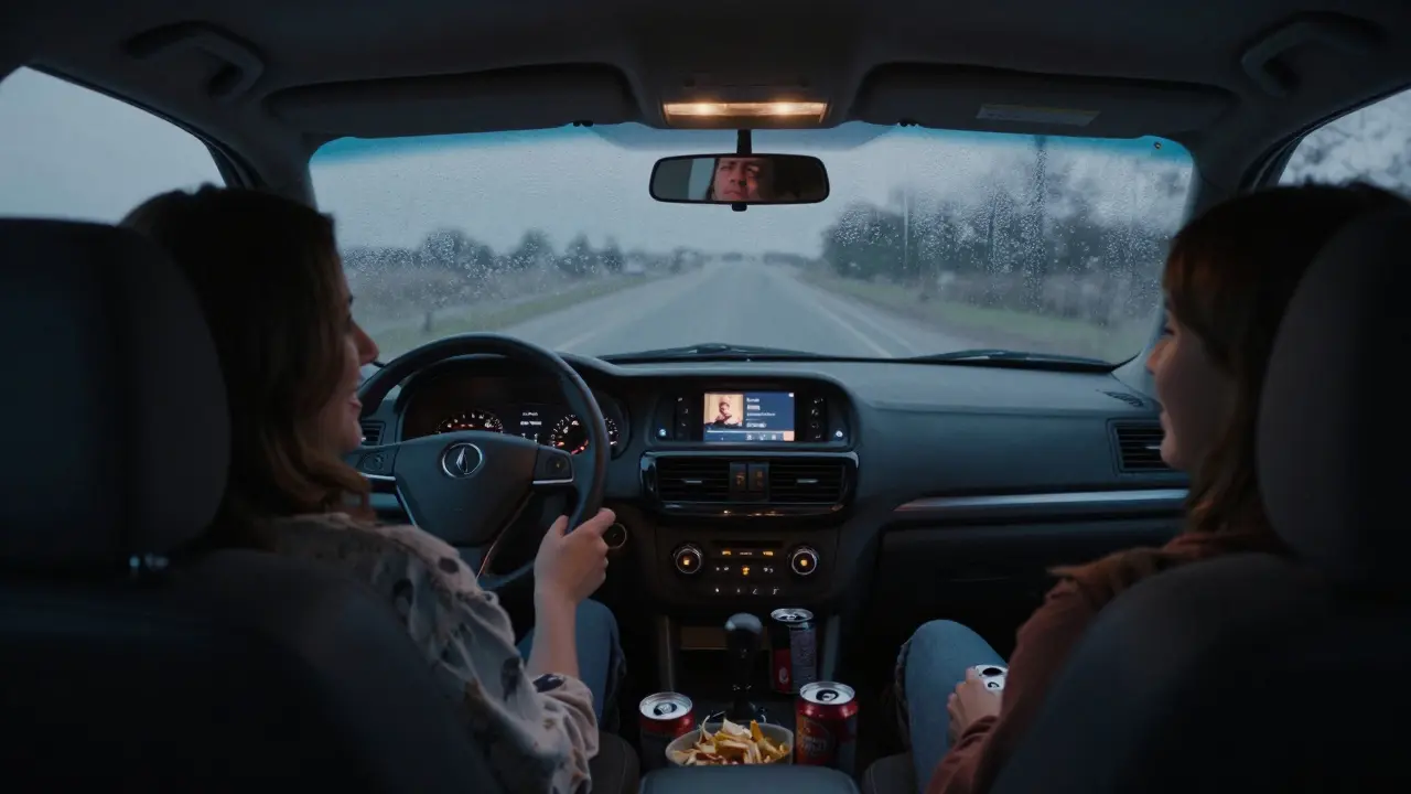 Friends in a car at night watching a drive-in movie, dashboard lights glowing on their faces.