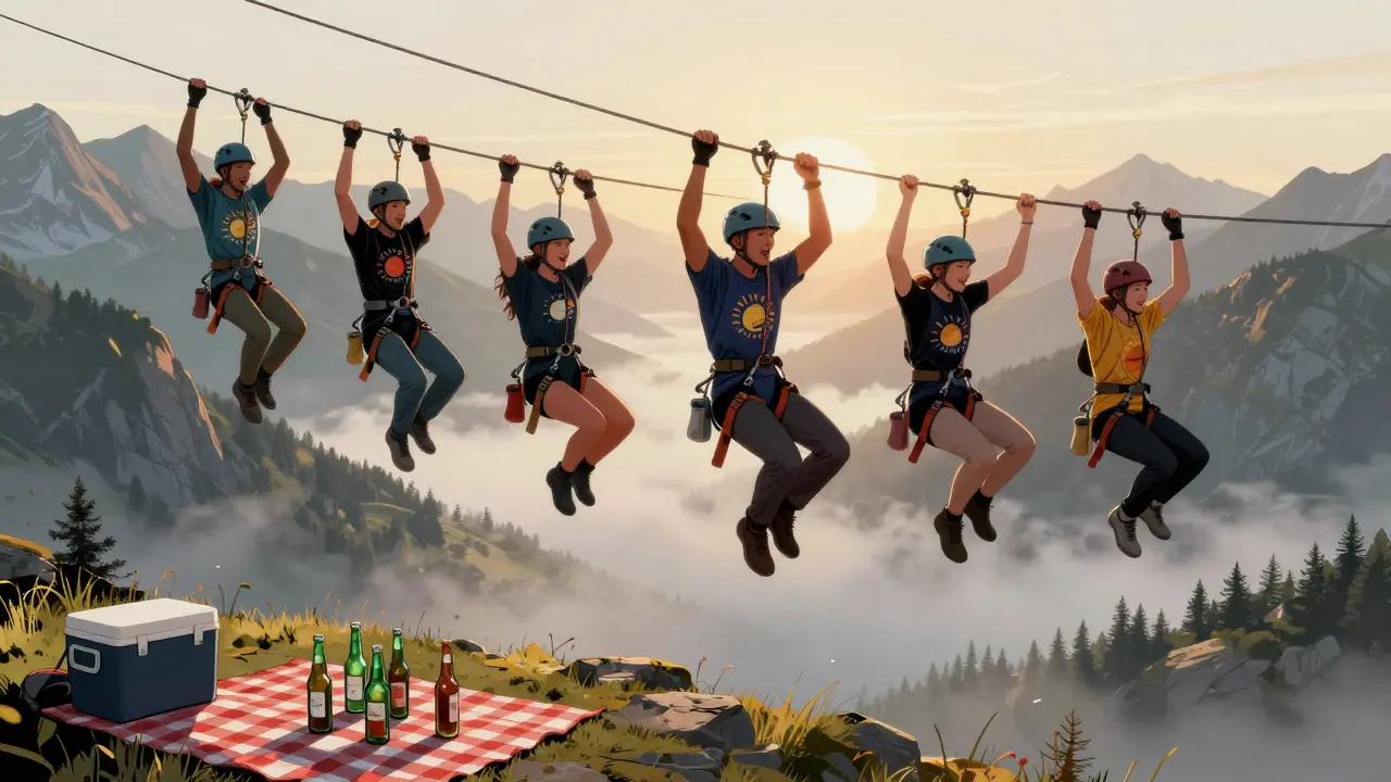Friends zip-lining over a mountain valley at sunrise, wearing outdoor gear and celebrating together.