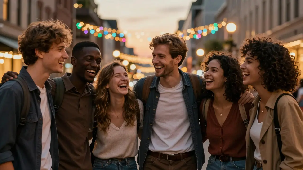 Group of friends laughing together on a city street at night