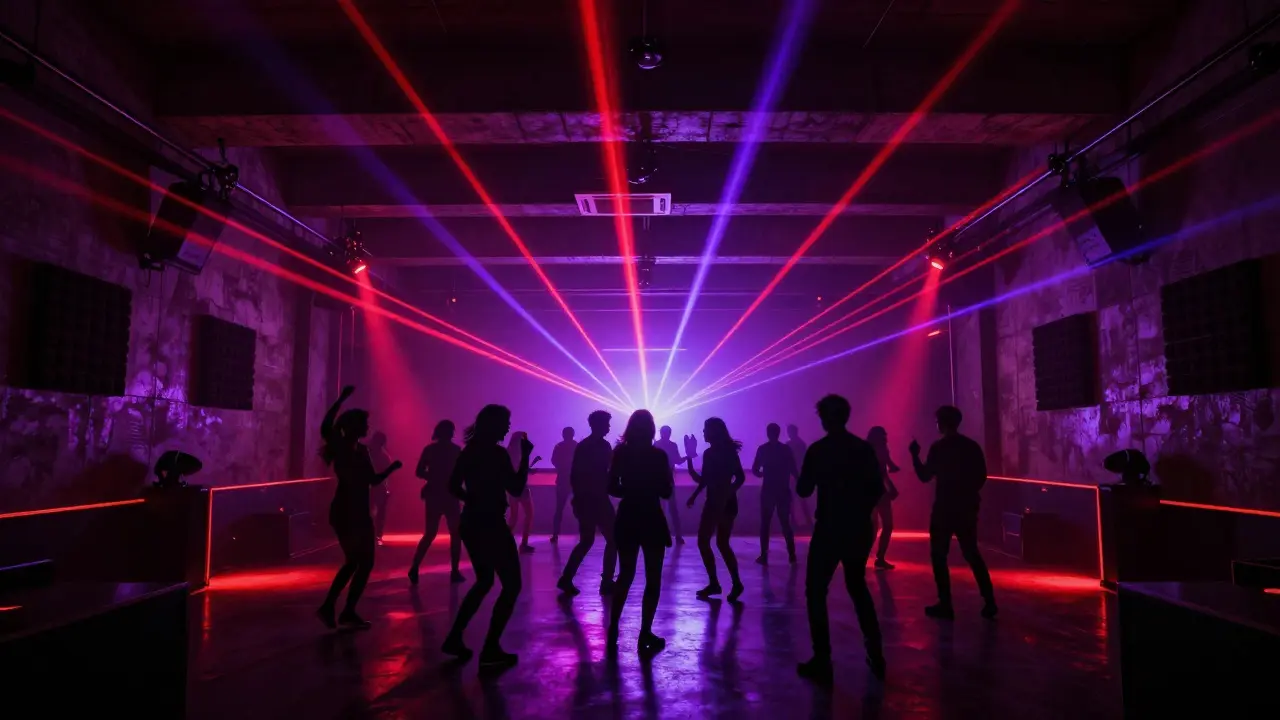 Industrial club interior with dancers silhouetted against colorful laser lights.