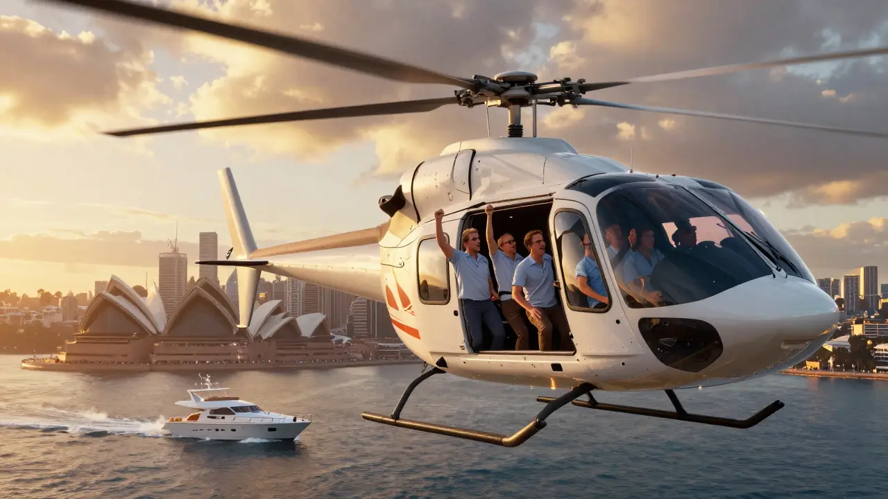 Men cheering in a helicopter over Sydney Harbour at sunrise, yacht below, city skyline in background.