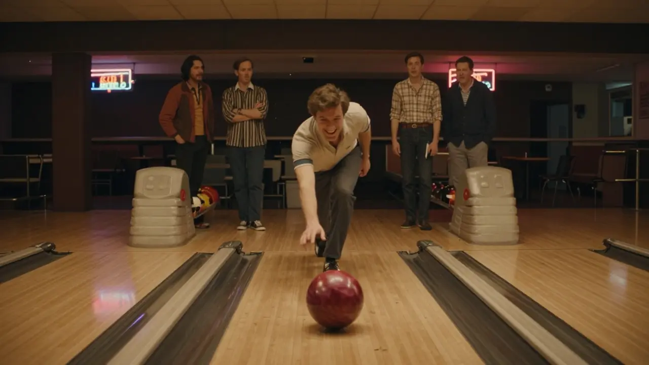 Men in a vintage bowling alley, one rolling a ball while others watch with anticipation.