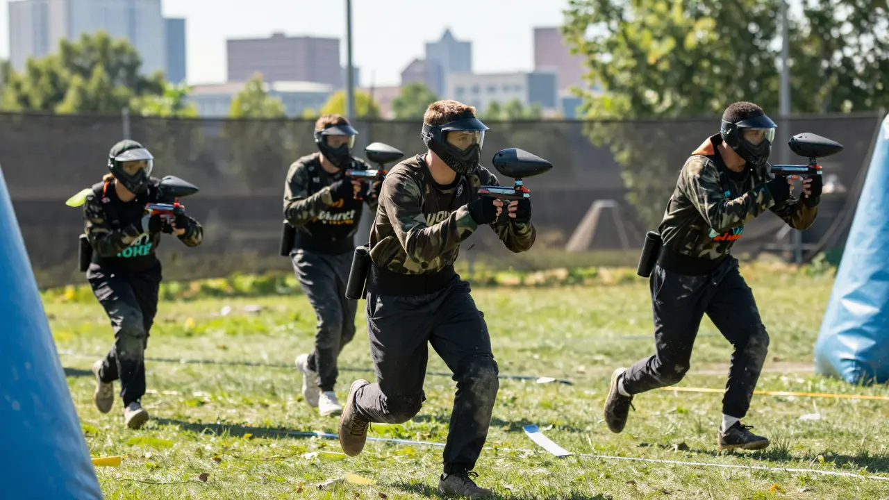 Men playing paintball outdoors in a city park setting