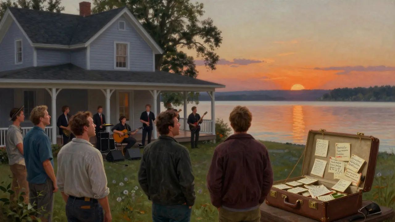 Men stunned with joy at a lakeside inn as a live band plays, surrounded by twilight and handwritten clues.