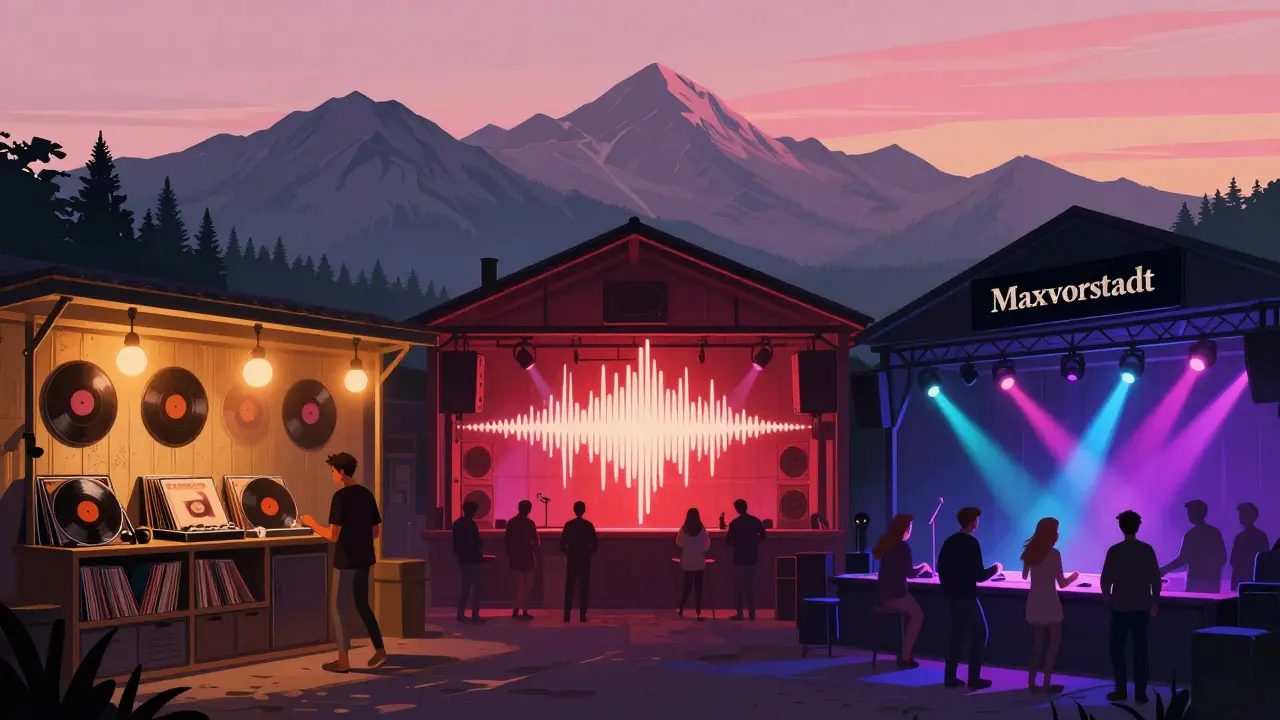 Panoramic view of Munich's three club zones at dawn, each with distinct music and atmosphere under a pink Alpine sky.