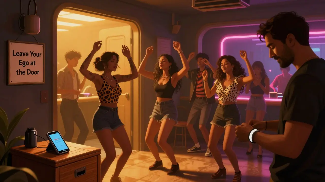 Patrons dancing in a retro-lit club with phones collected in a wooden box at the entrance.