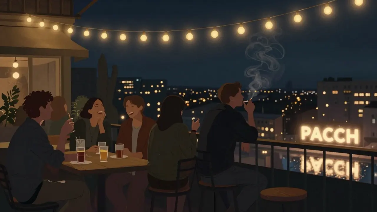 People socializing on Pacha Munich's heated terrace at dawn, fairy lights glowing above them.