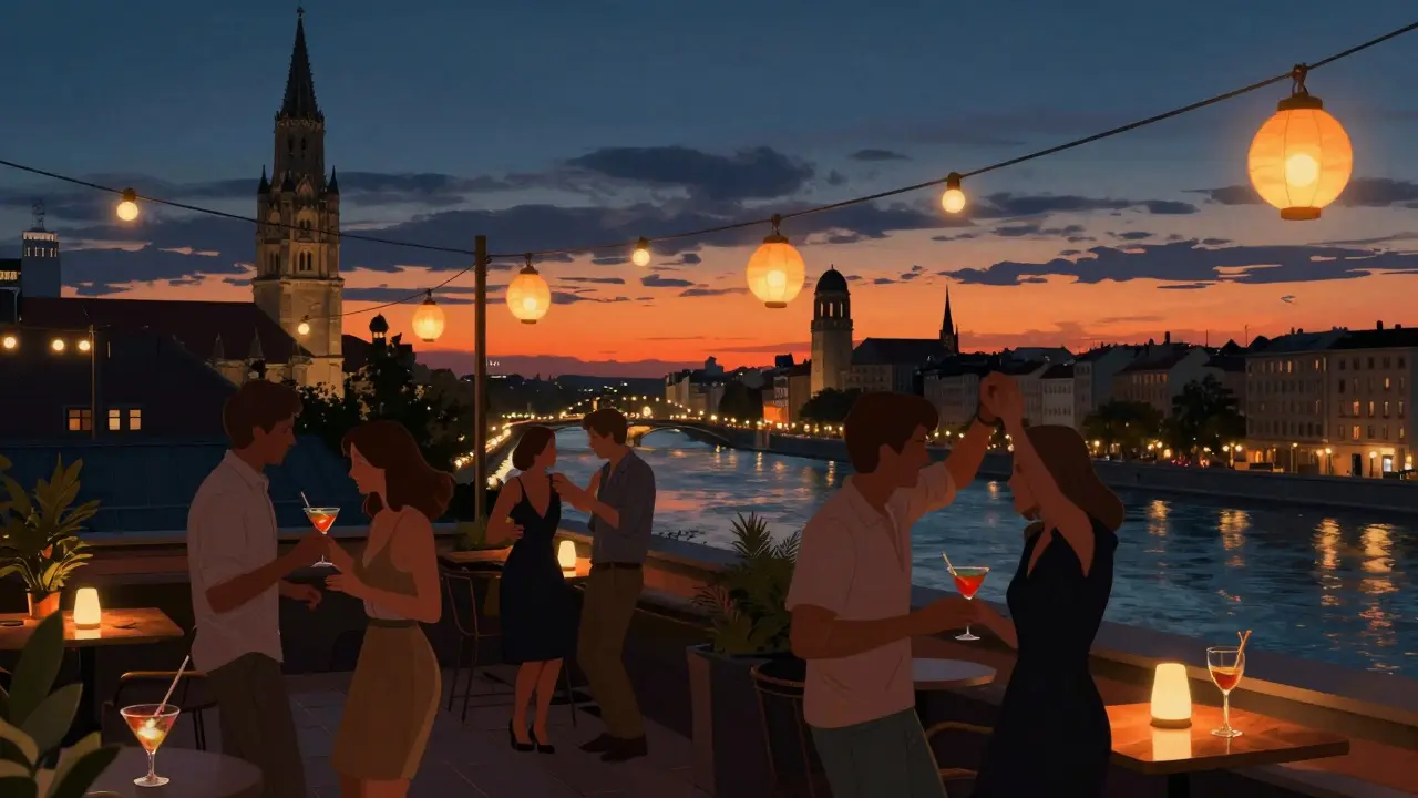 Rooftop party in Munich at midnight with string lights, river view, and guests dancing under twilight sky.