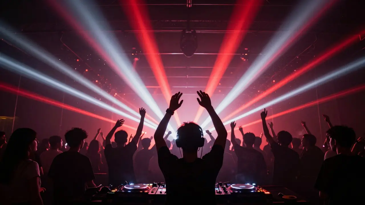 Silhouetted dancers facing a bright stage with colorful light beams