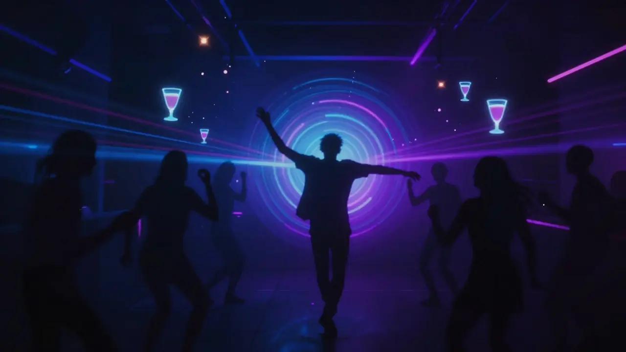 Silhouetted dancers move in rhythm under strobing colored lights, capturing the raw energy of a midnight club moment.