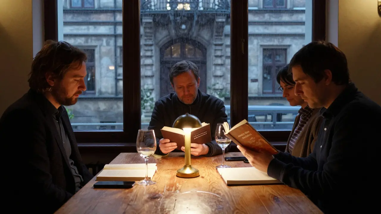 Three adults in silent reflection at a literary salon, reading aloud by candlelight.