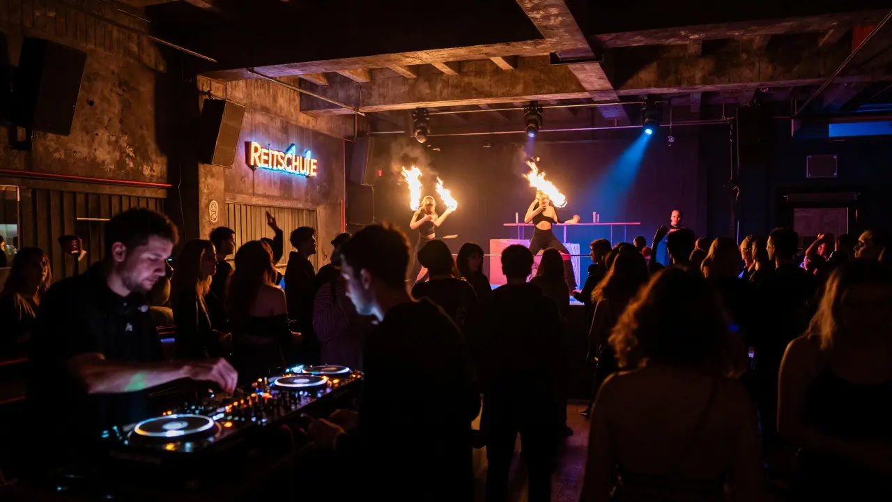 Underground club with fire dancers and industrial decor under strobe lights.