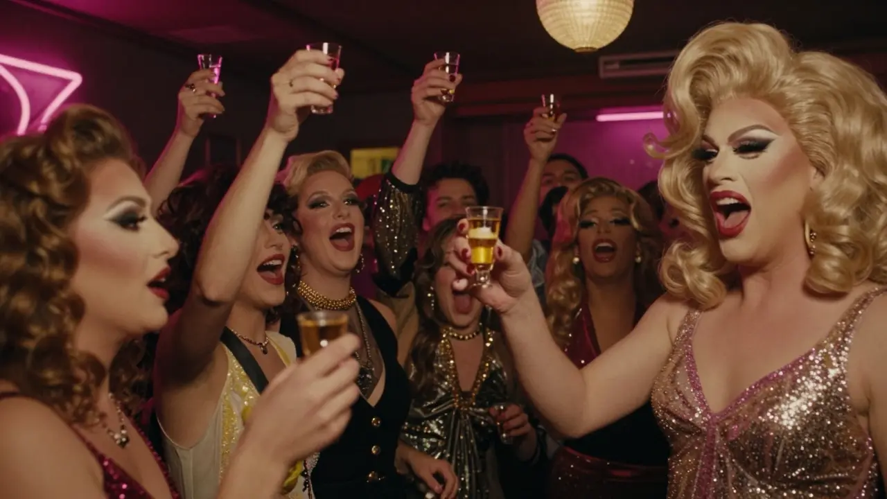 Vibrant drag bar interior with crowd singing ABBA, drag queen handing out shots, glitter and neon lights.