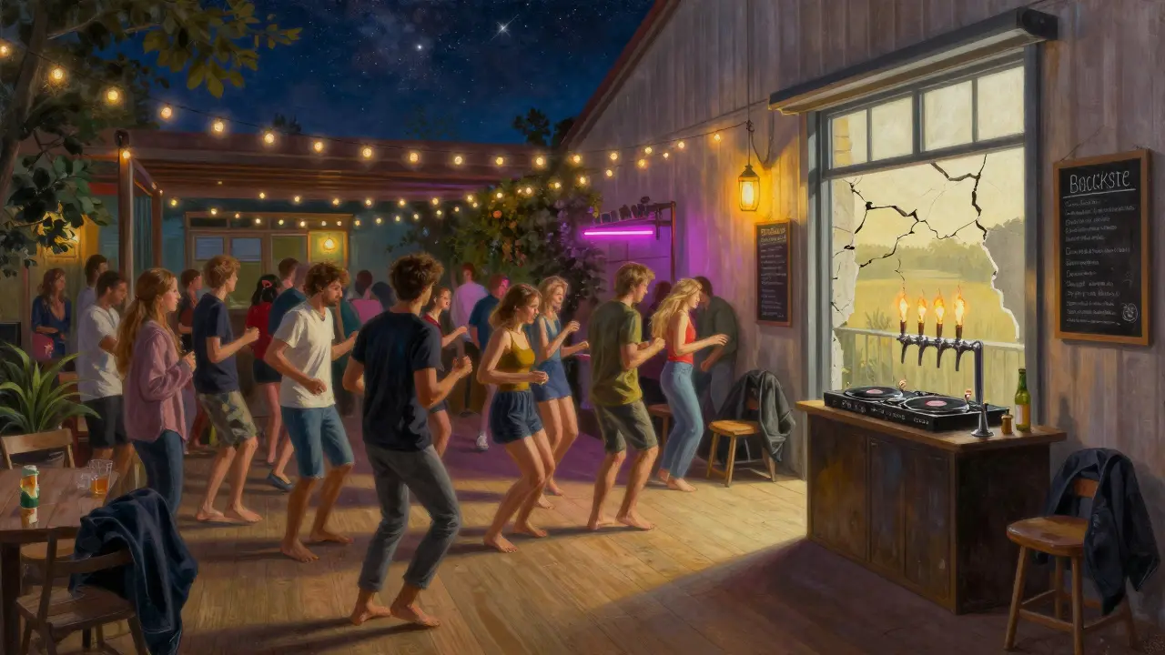 Warehouse party with outdoor patio, string lights, and people dancing at dawn.