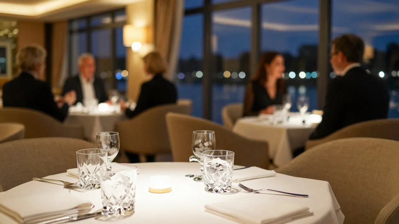 Well dressed guests talking at a VIP table overlooking city lights at night.